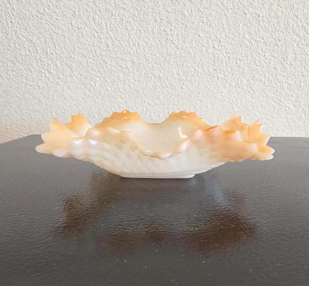 Vintage Indiana Glass Peach Lustre Milk Glass Diamond Point Ruffled Candy Dish